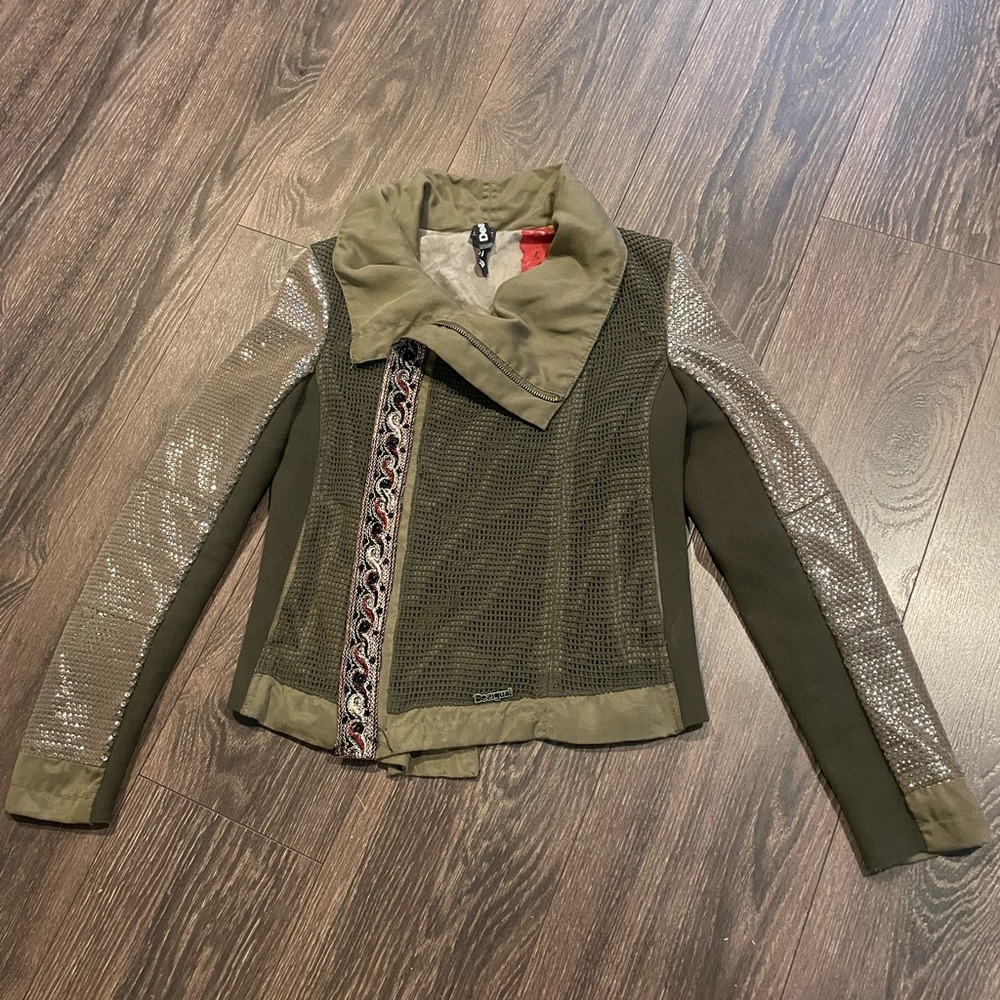 Desigual Womens Jacket. Asymmetrical zip moto jacket. Olive green w/layered mesh